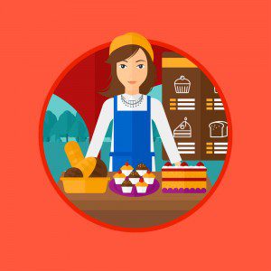 A female bakery worker offering different pastry. A bakery worker standing behind the counter with cakes at the bakery. Vector flat design illustration in the circle isolated on background.