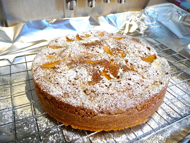Easy apple cake on cooling rack.