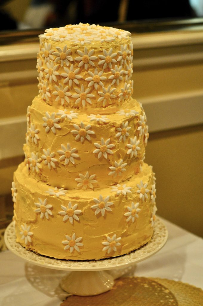 A yellow wedding cake. Lemon can be a great wedding cake flavor