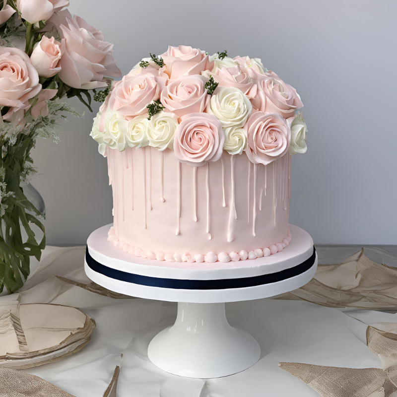 Pink Cake With White Roses